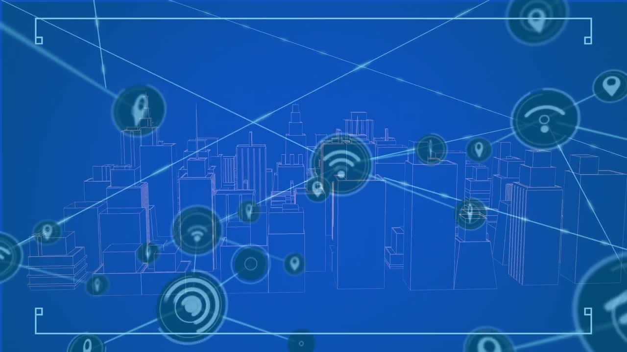 Animation of network of digital icons over spinning 3d city model against blue background