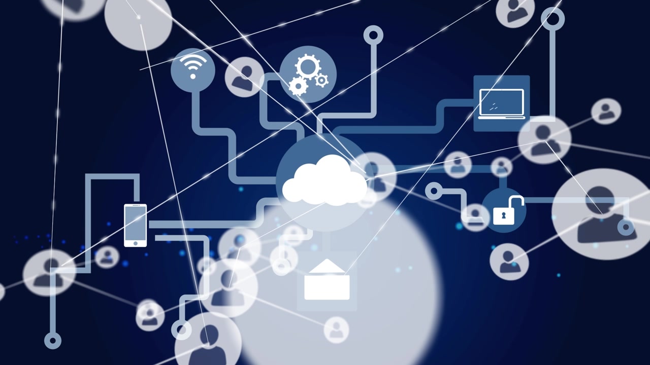 Animation of network of connections with people icons over digital cloud icon