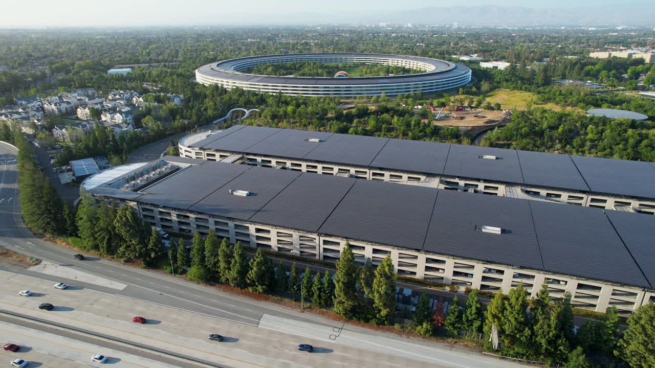 Silicon Valley's Landscape of an Aerial Shot of Apple Park Spaceship Headquarters and Interstate 280 in Cupertino, California