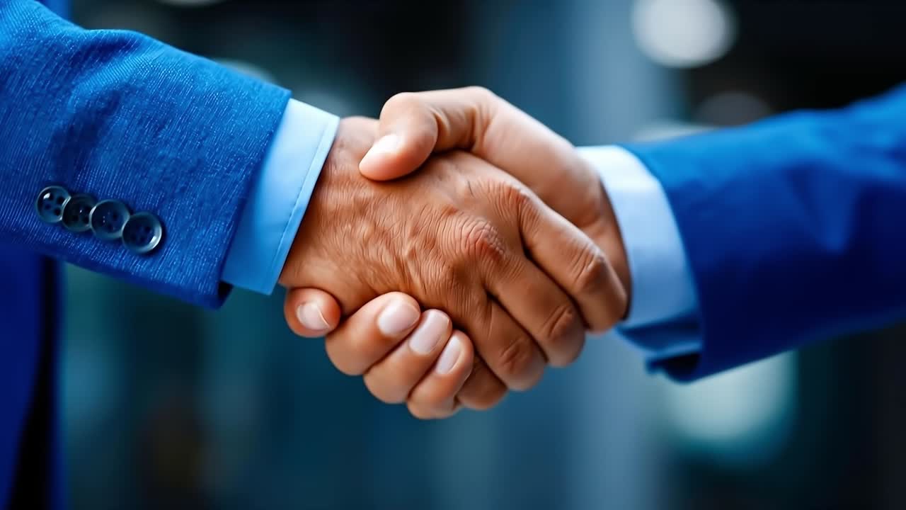 Two men shaking hands in front of a blurred background