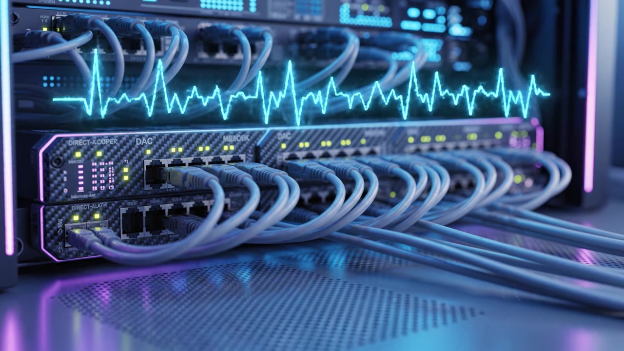 Analyzing Data Flow through Network Cables in a Server Room with Visualized Signal Waveform on High-Tech Communication Equipment