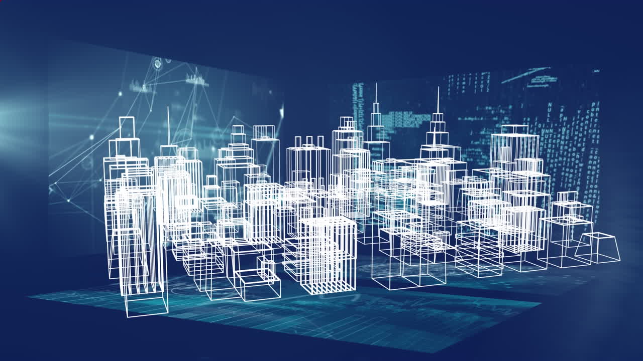 animación de formas en movimiento sobre la ciudad digital