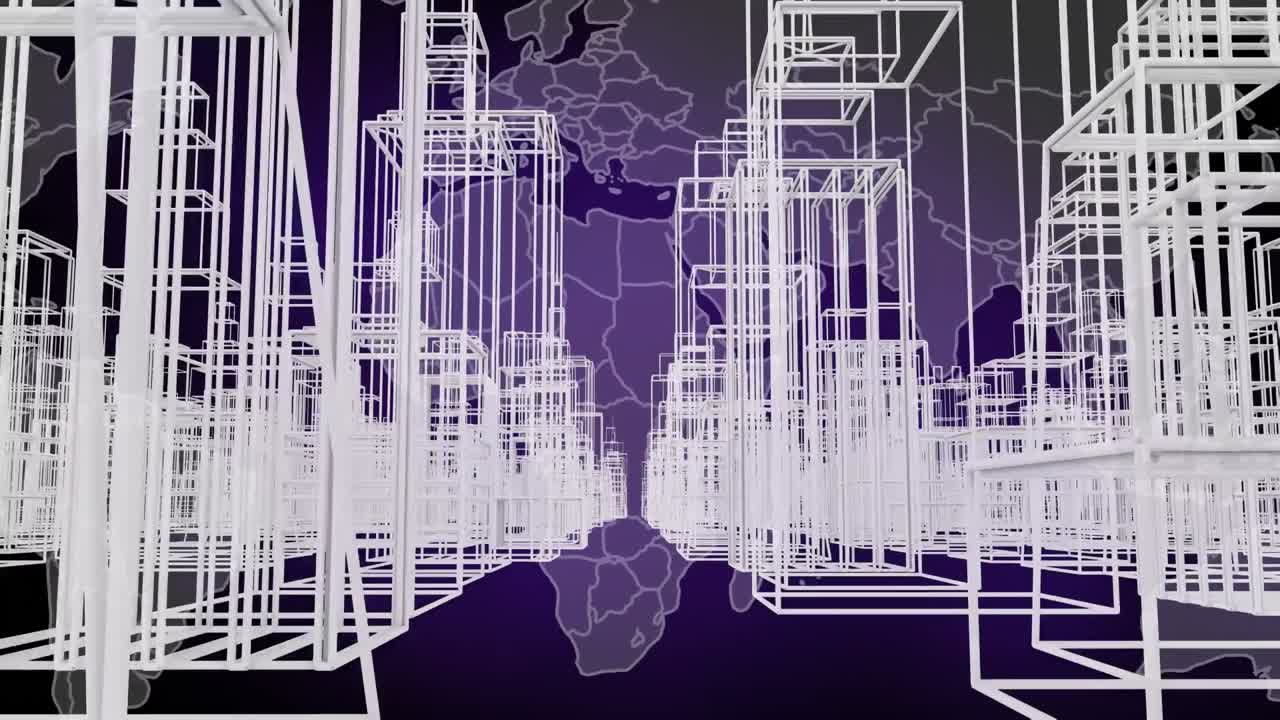 검은색 배경의 세계 지도 위의 디지털 도시 애니메이션