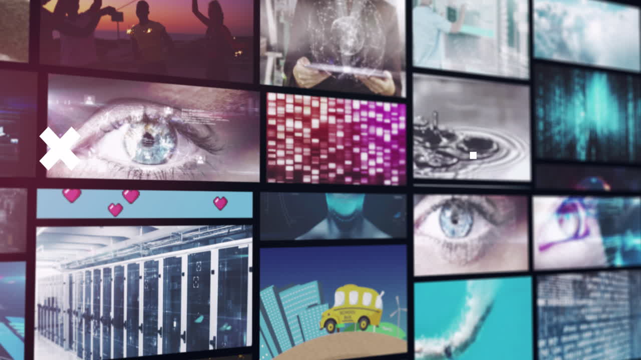 기술, 비즈니스 및 레저 비디오 클립의 여러 화면에서  ⁇  십자가의 애니메이션