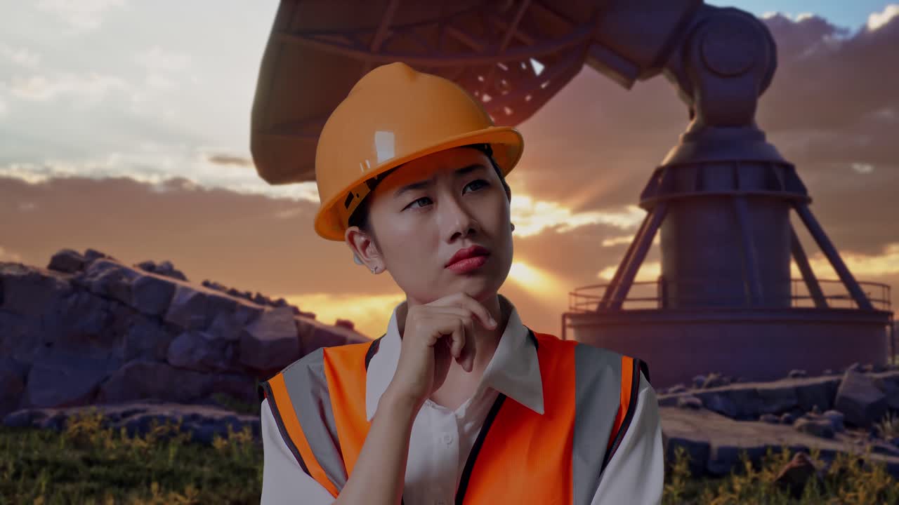 Close Up Of Asian Female Engineer With Safety Helmet Thinking And Looking Around Then Raising Her Index Finger While Standing With Large Satellite Dish
