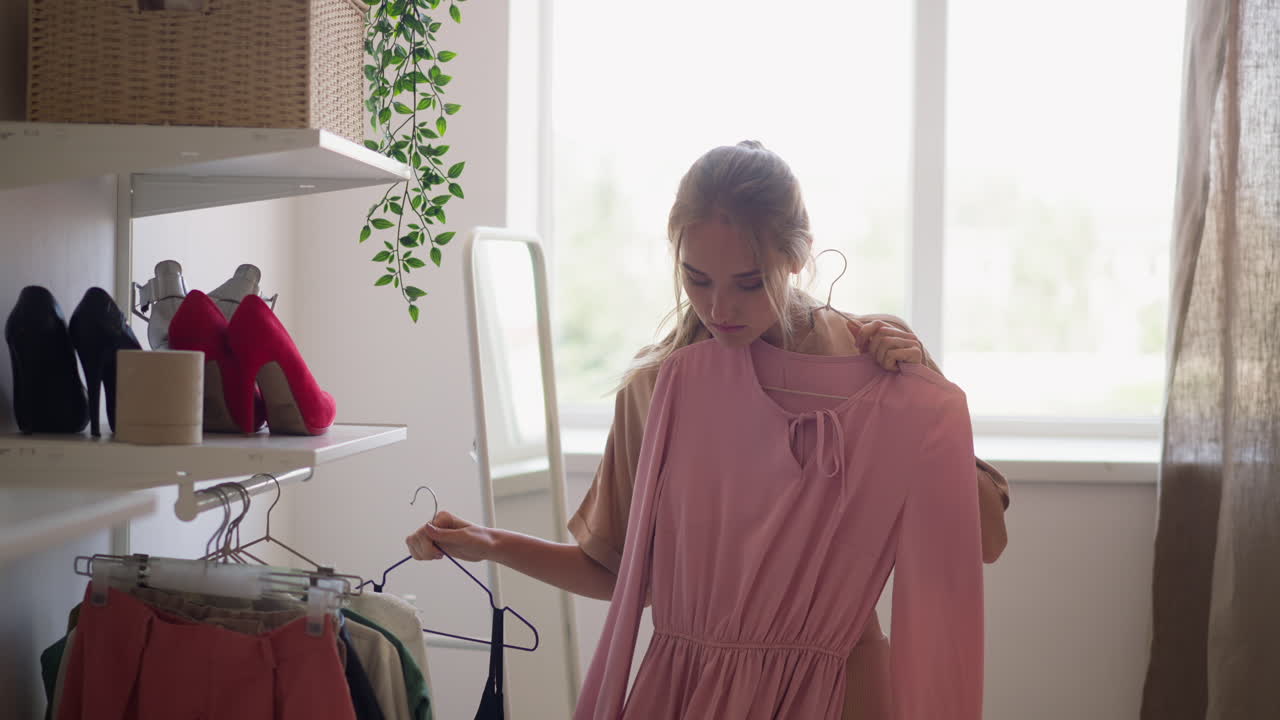 Woman chooses between elegant pink and classic black dresses