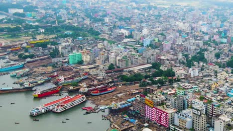 aerial reveals dhaka city river port on the buriganga river in dhaka, bangladesh