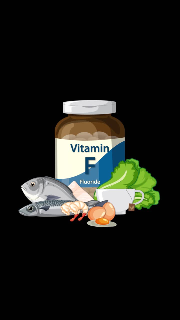 Vitamin F fluoride bottle appears, surrounded by fish, shrimp, eggs, lettuce, and bright lighting