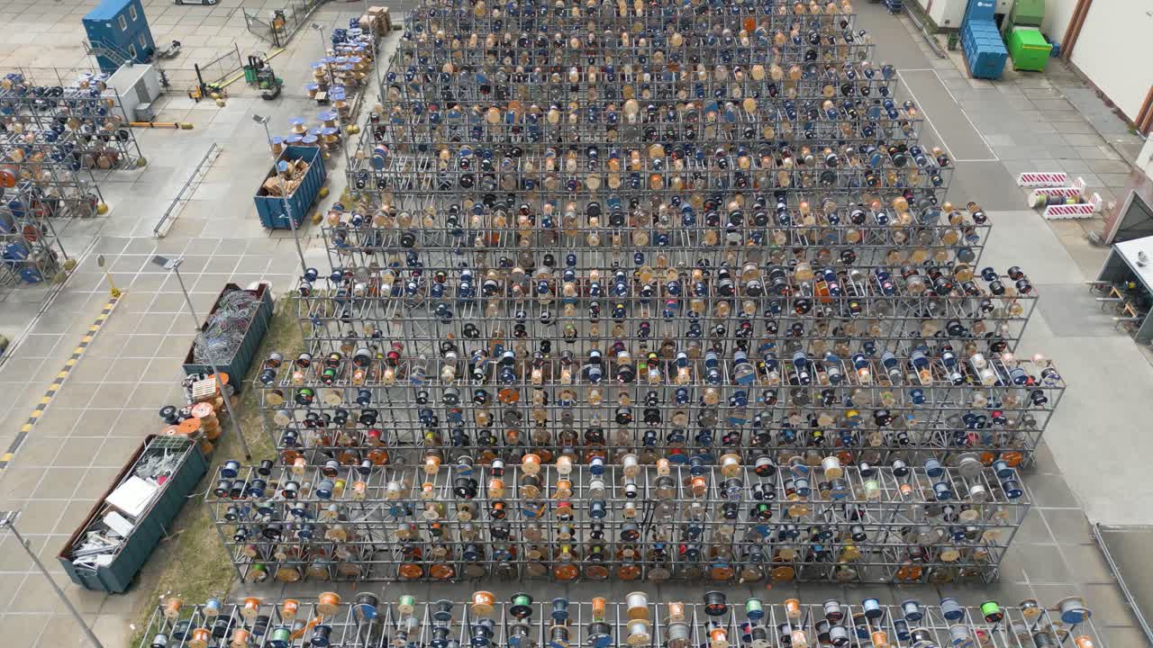 Overhead aerial drone view of a meticulously arranged grid of metal racks storing cable reels, wiring components, and other electrical materials at an industrial site