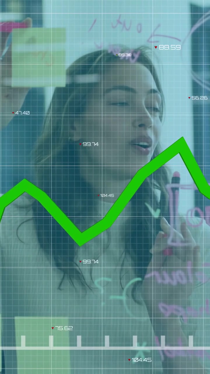 Video verticale: Donna che posiziona un post-it scrivendo sul vetro, generando un grafico verde che mostra dati finanziari.