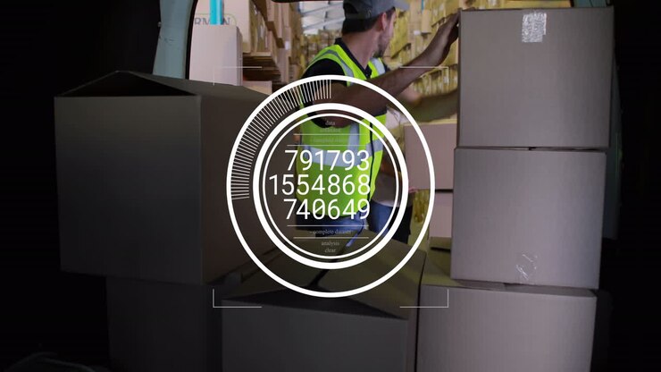 Animation of changing numbers in circles over caucasian man placing cardboard boxes in vehicle