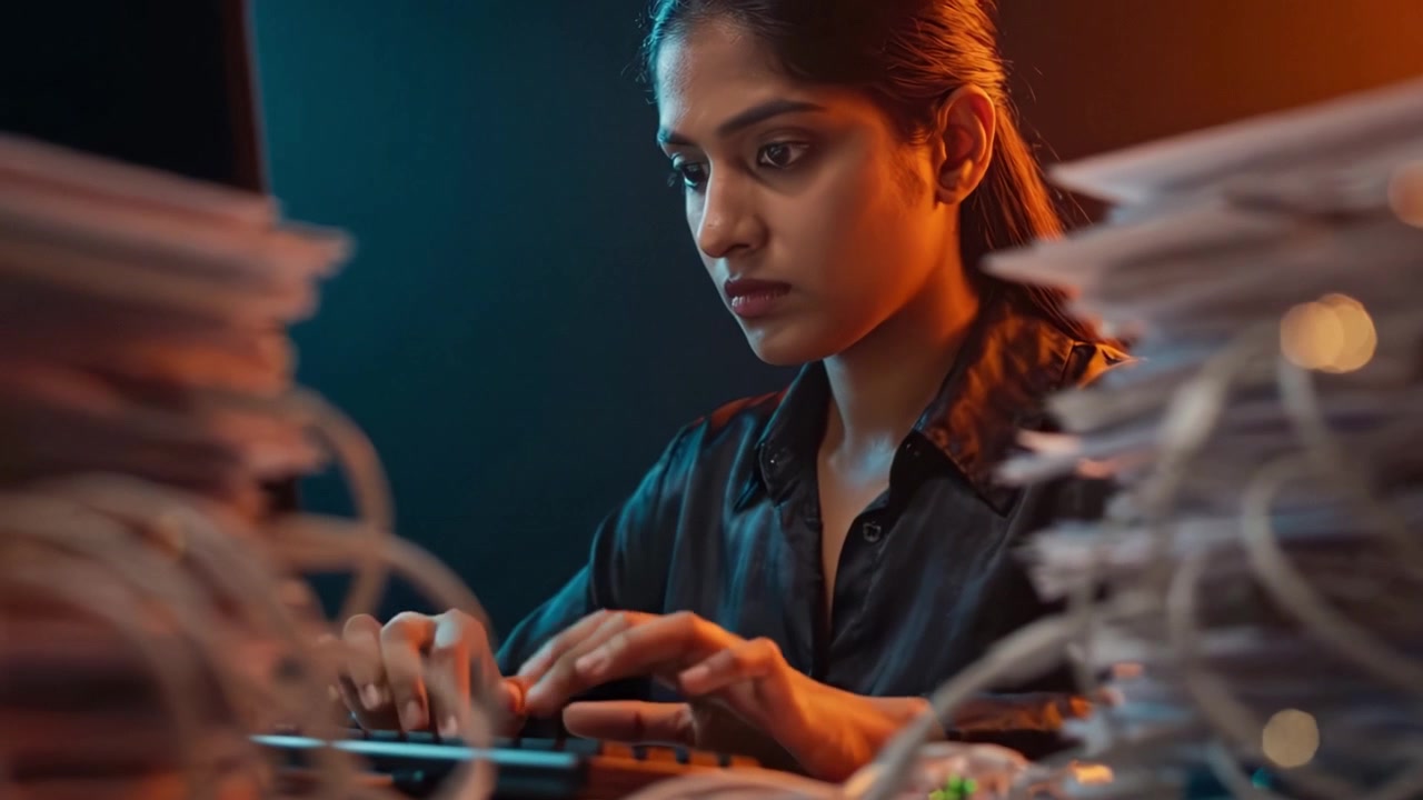 Professionista donna concentrata che lavora tra un disordine di documenti e cavi in un ambiente scarsamente illuminato, digitando intensamente sul suo laptop.