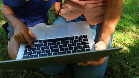 Grandmother-and-grandson-using-laptop-in-the-park-4k