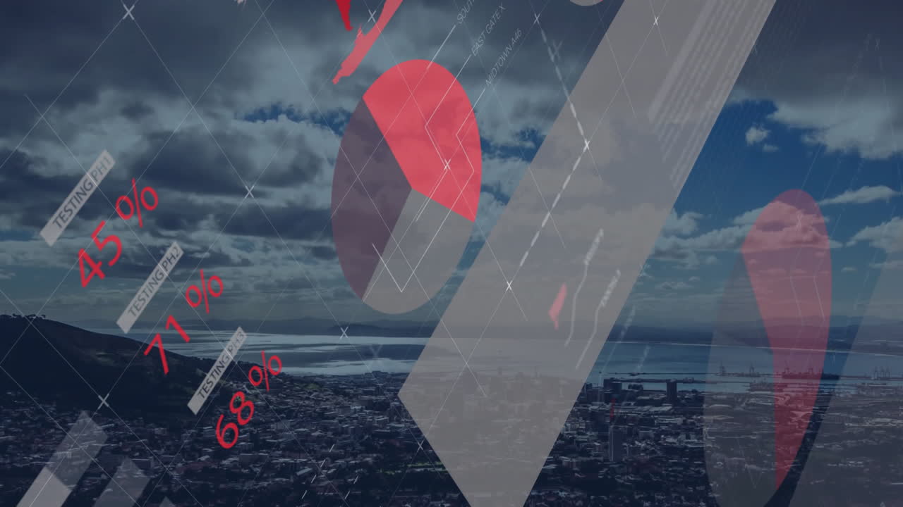 흐린 하늘을 가진 도시 풍경 위의 금융 데이터 애니메이션 처리