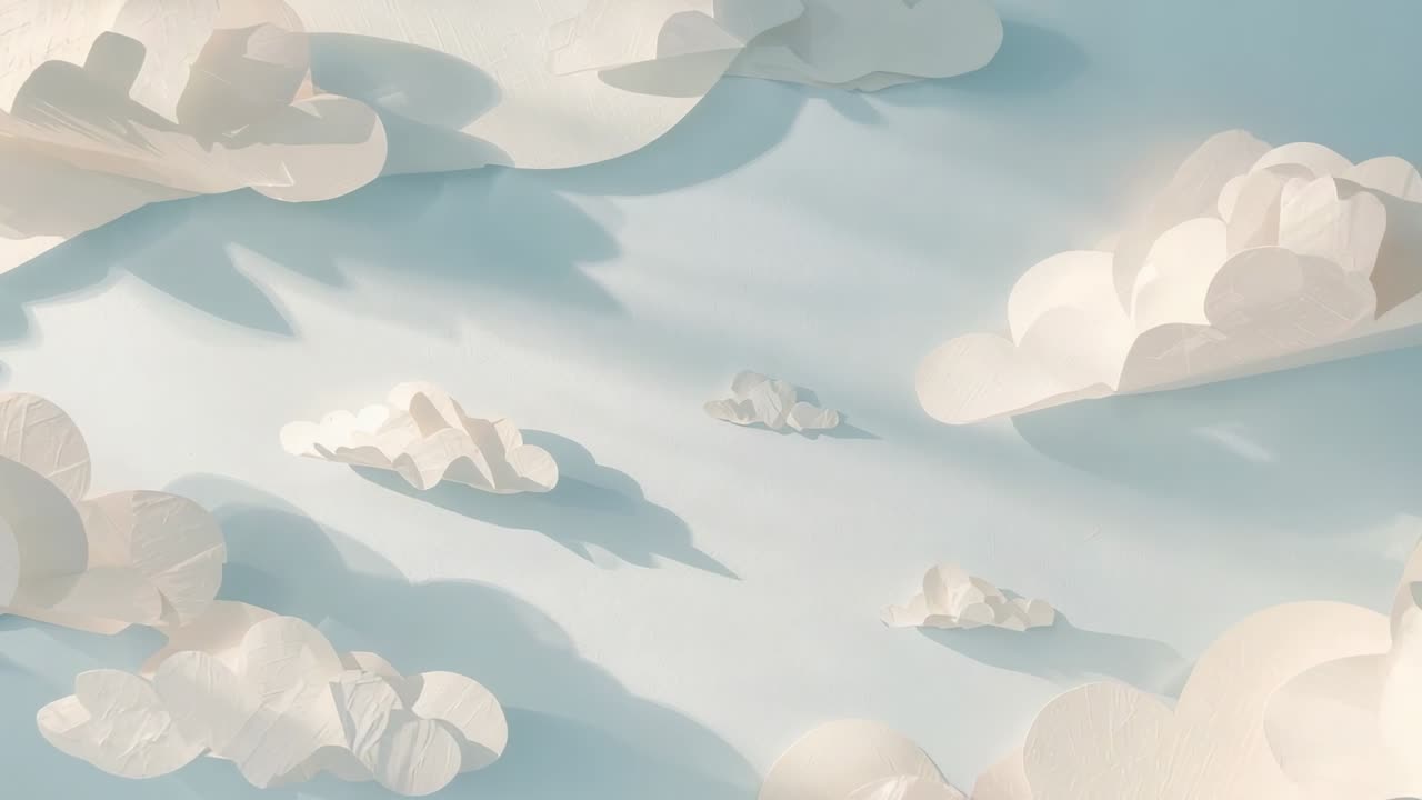 鏡頭平移，光線掃過淺藍色背景下的紙雲場景，呈現中央的雲層。