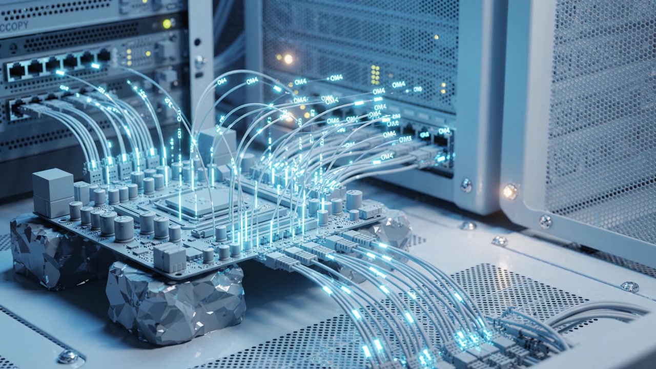 A complex network of illuminated connections emanates from a central processing unit on a server, showcasing data flow in a high-tech computing environment.