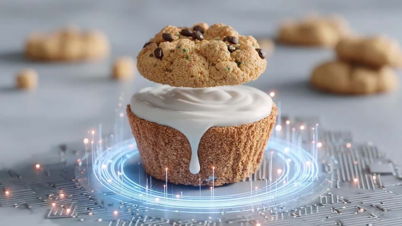 A Delectable Floating Cookie Presenting a Smooth Icing Layer on a Modern Dessert Base Surrounded by a Radiant Digital Glow Creating an Eye-Catching Visual Delight