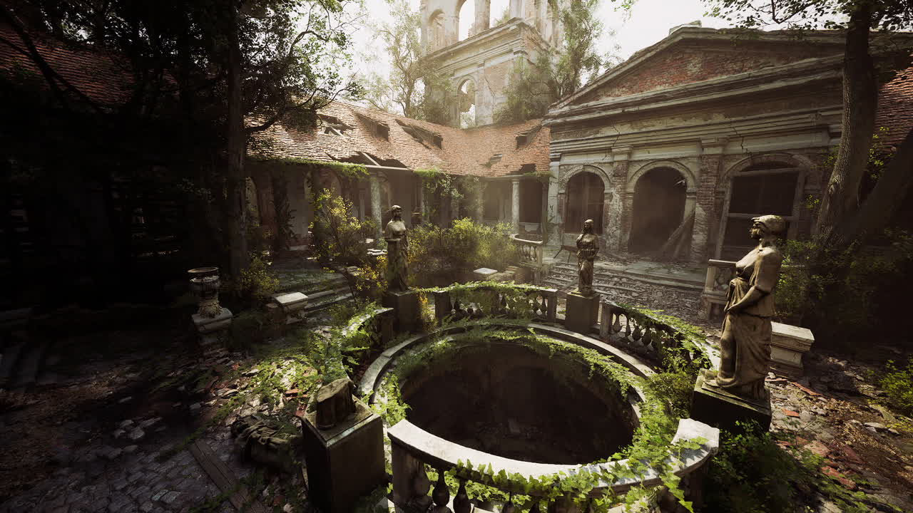 Ancient courtyard with statues and overgrown vegetation in ruined architecture