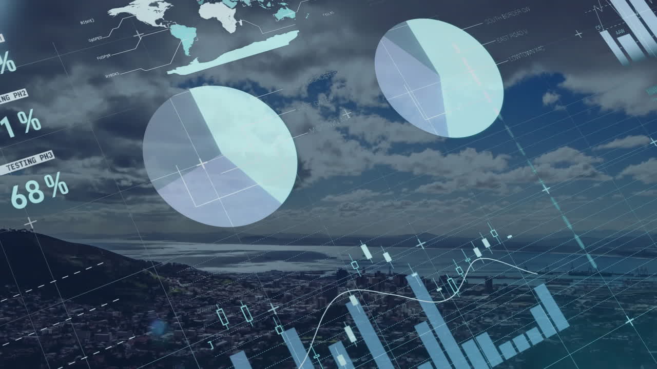 Financial data charts and world map animation over aerial view of cityscape