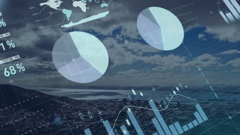 Finanzdatendiagramme-Und-Weltkartenanimation-über-Der-Luftaufnahme-Einer-Stadtlandschaft