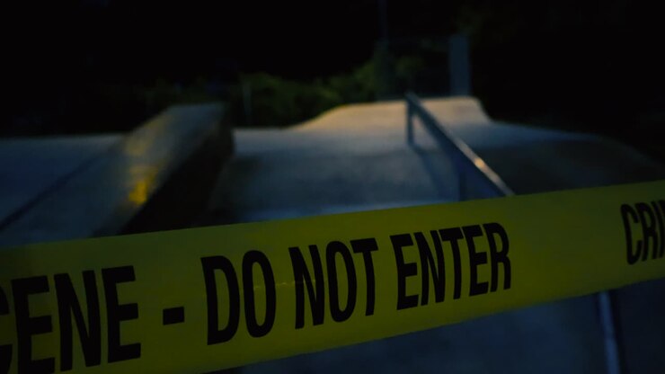 Riprese ravvicinate scorrono lentamente lungo il nastro giallo svolazzante della scena del crimine teso attraverso le rampe dello skatepark in una notte cupa. La superficie di cemento cupa del parco e i cespugli dietro sono fiocamente illuminati da un lampione.
