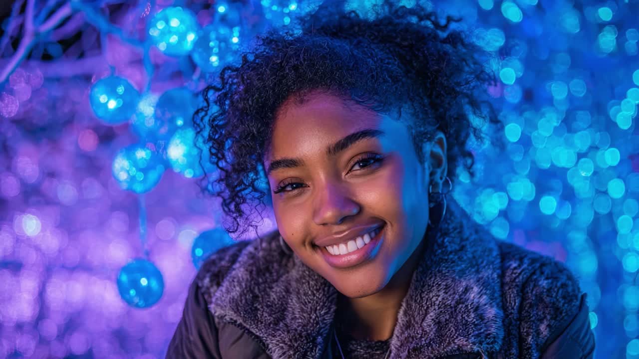 A radiant young woman smiles warmly amid a vibrant blue and purple backdrop of glowing orbs, capturing a moment of joy and festive spirit in an enchanting winter setting