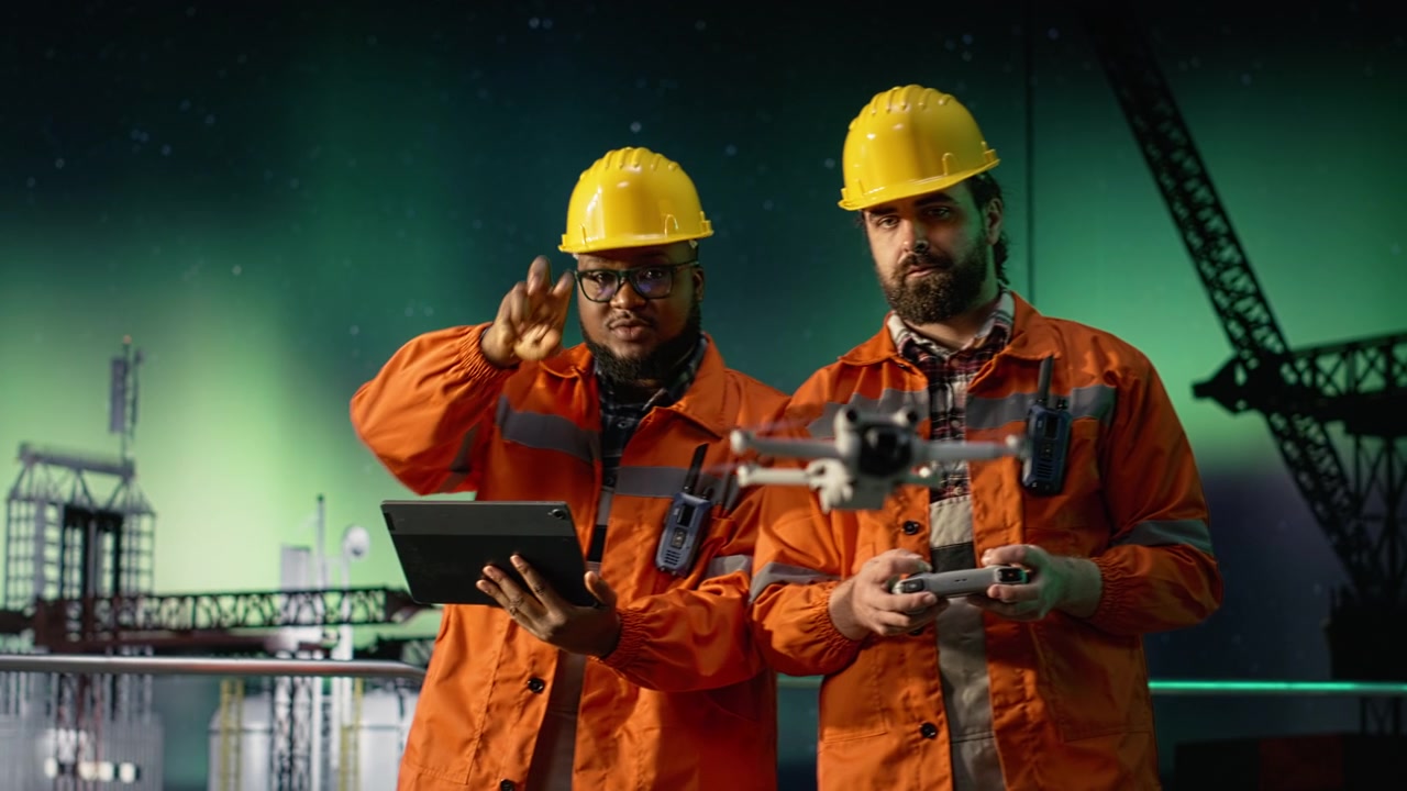 Bypassing sea transit blockades, drone and engineer on offshore rig deck