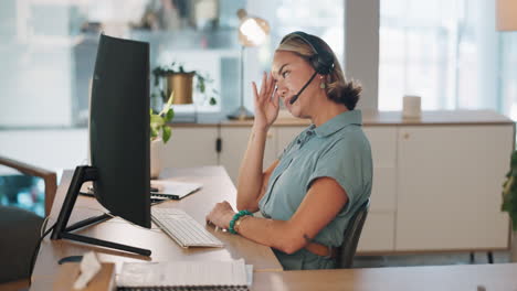 Mujer-Cansada,-Estresada-Y-De-Call-Center-Con-Dolor-De-Cabeza