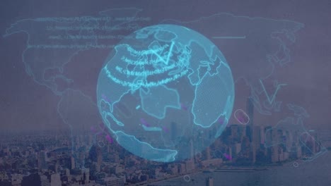 animación de senderos de luz y procesamiento de datos sobre el globo giratorio y el mapa del mundo contra el paisaje urbano
