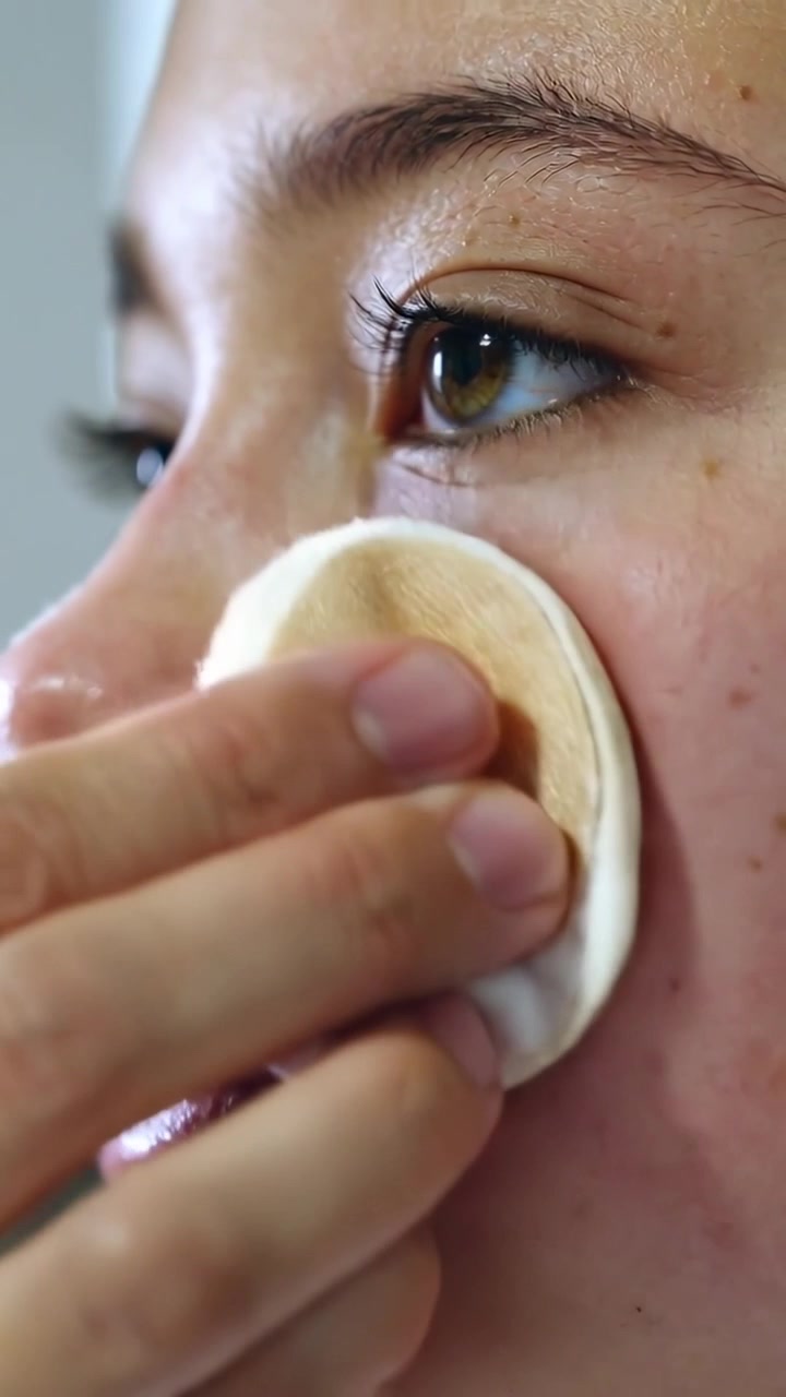 Vertical video: Bringing cotton pad, hand wiping teen girl's right cheek at vanity, removing makeup