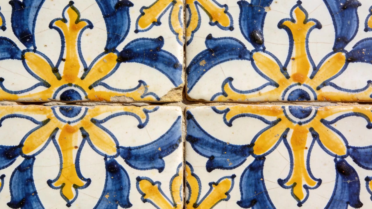 Câmera em movimento revelando 4 azulejos esmaltados azul-amarelos com motivo floral na parede, mostrando desgaste do rejunte.