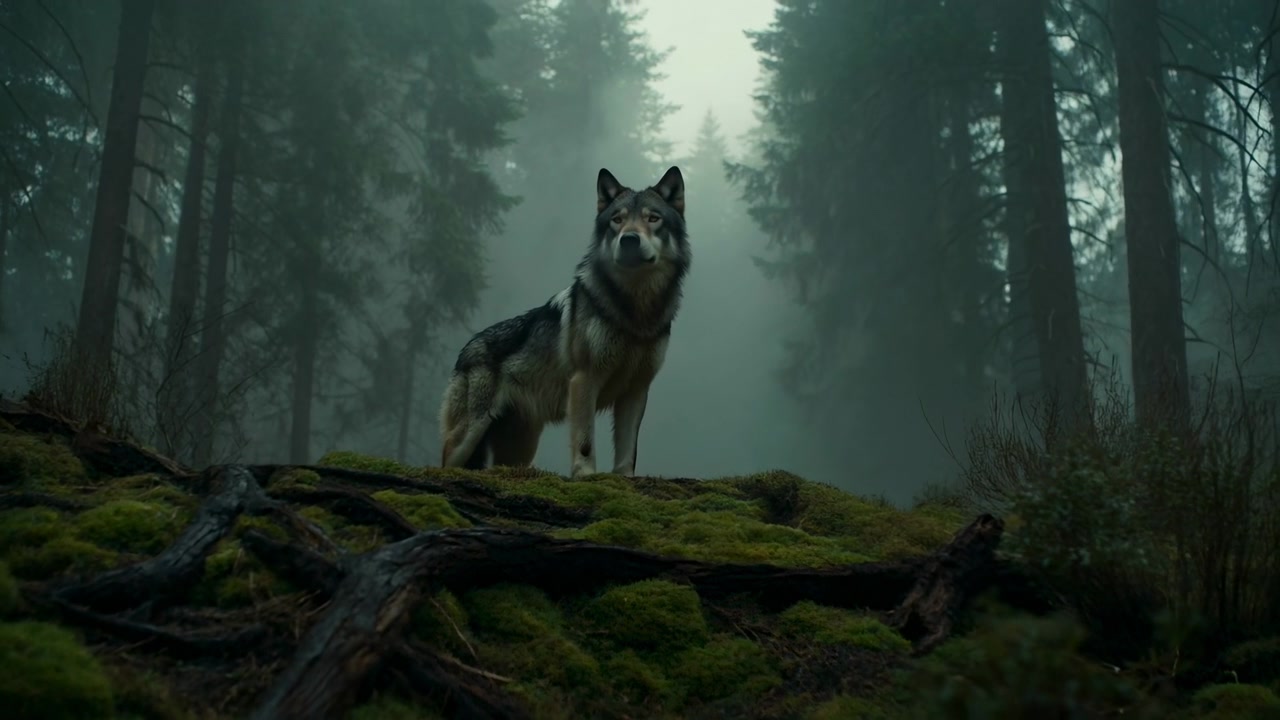Wolf Standing On Mossy Log In Misty Conifer Forest, Cinematic Teal Grading, Soft Diffused Light Filtering