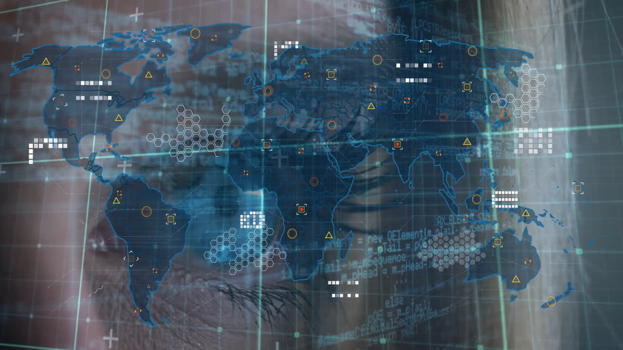 Digital interface and world map animation overlaying human eye with data points