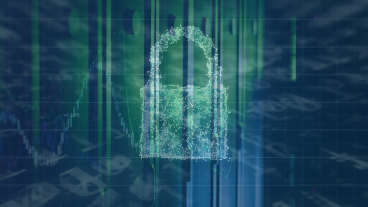 Animation of padlock and data processing over computer servers