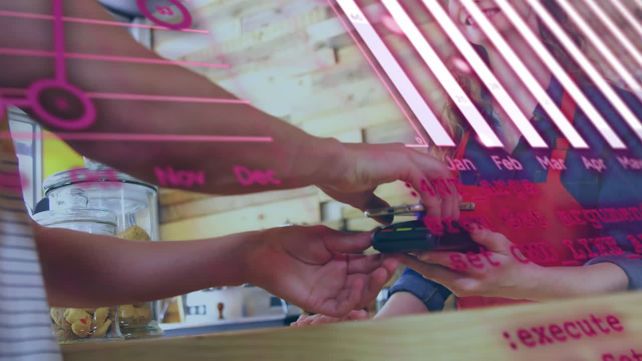 animación de gráficos sobre un cliente biracial y una vendedora caucásica que usa una terminal de pago