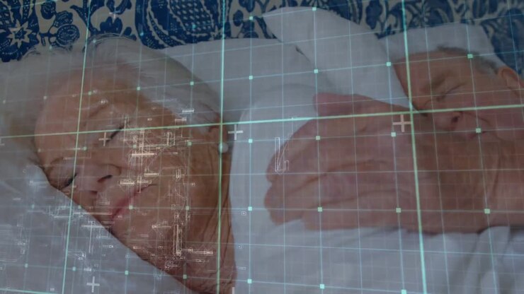 Animation of data processing over caucasian senior couple sleeping in hospital bed
