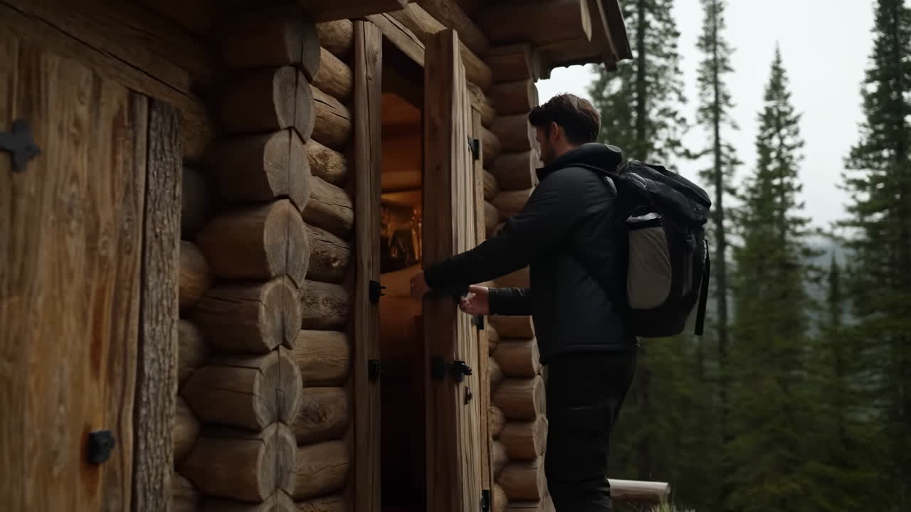 Un escursionista si avvicina alla porta di una baita rustica in legno in una foresta di pini nebbiosa, apre una pesante porta di legno con un chiavistello di metallo.