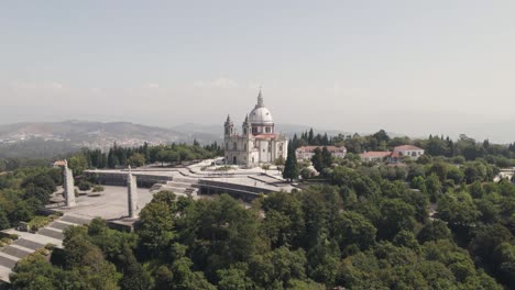 Aerial-rotation-over-Portuguese-Landmark-Sameiro-Sanctuary-on-Cloudy-day---Braga