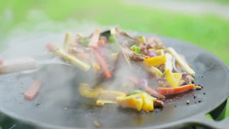 saltear verduras y carne picadas en una sartén al aire libre