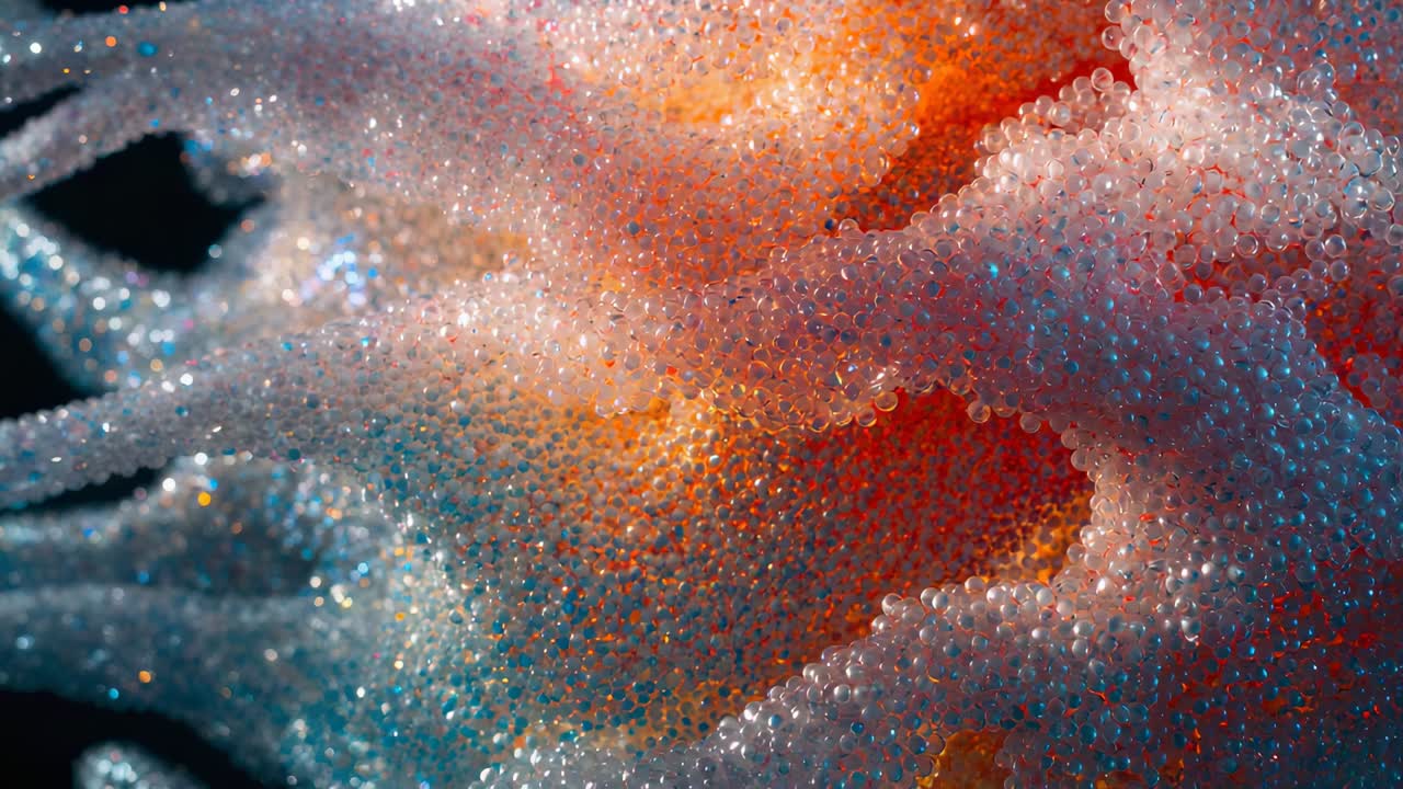 Moving camera shifting light revealing microbeads on wavy foam in studio, exposing orange cavities