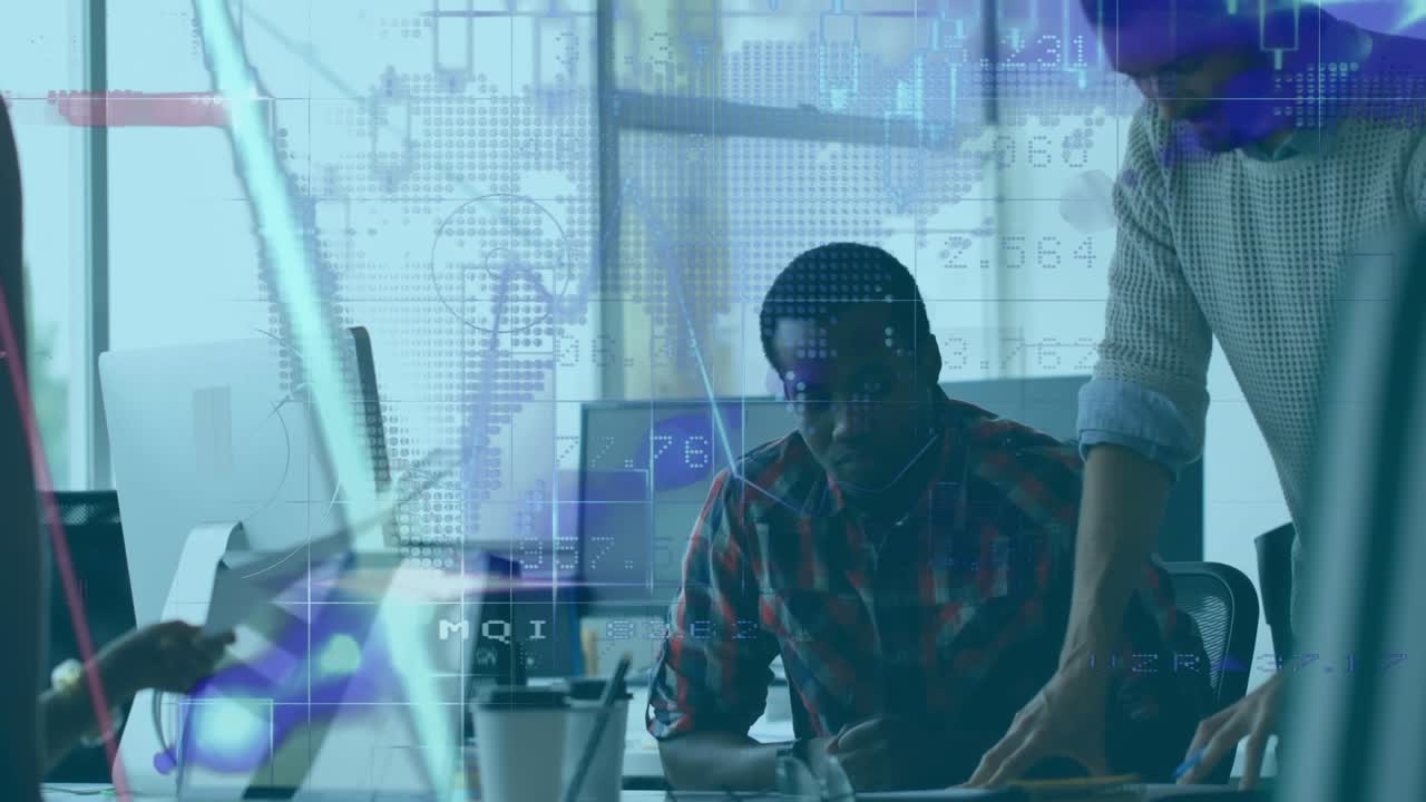 Animation of data processing over diverse business people in office