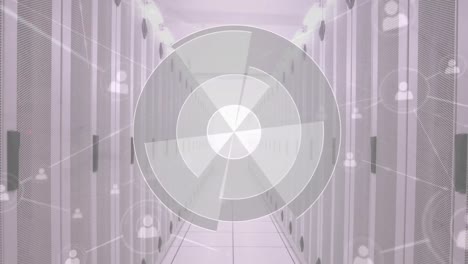 animation of scope scanning, network with icons and data processing over computer servers
