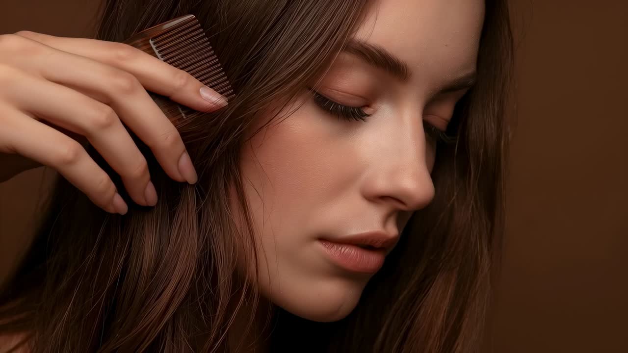 Modelo feminina penteando o cabelo, começando ao posicionar o pente perto da orelha, arrumando o cabelo castanho comprido no estúdio