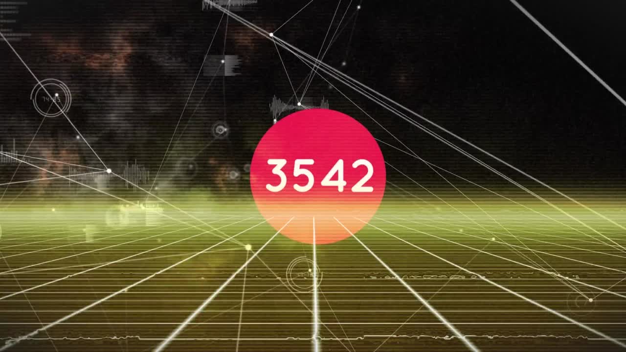 검은색 배경에 증가하는 수에 대한 데이터 처리를 가진 연결 네트워크의 애니메이션