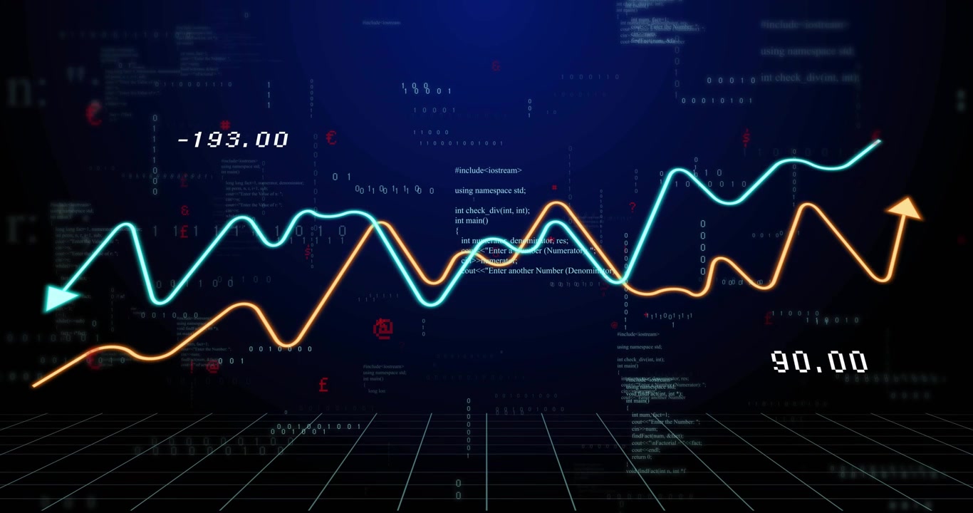 Incoming data driving cyan orange traces crossing then fading over tech grid, code updating