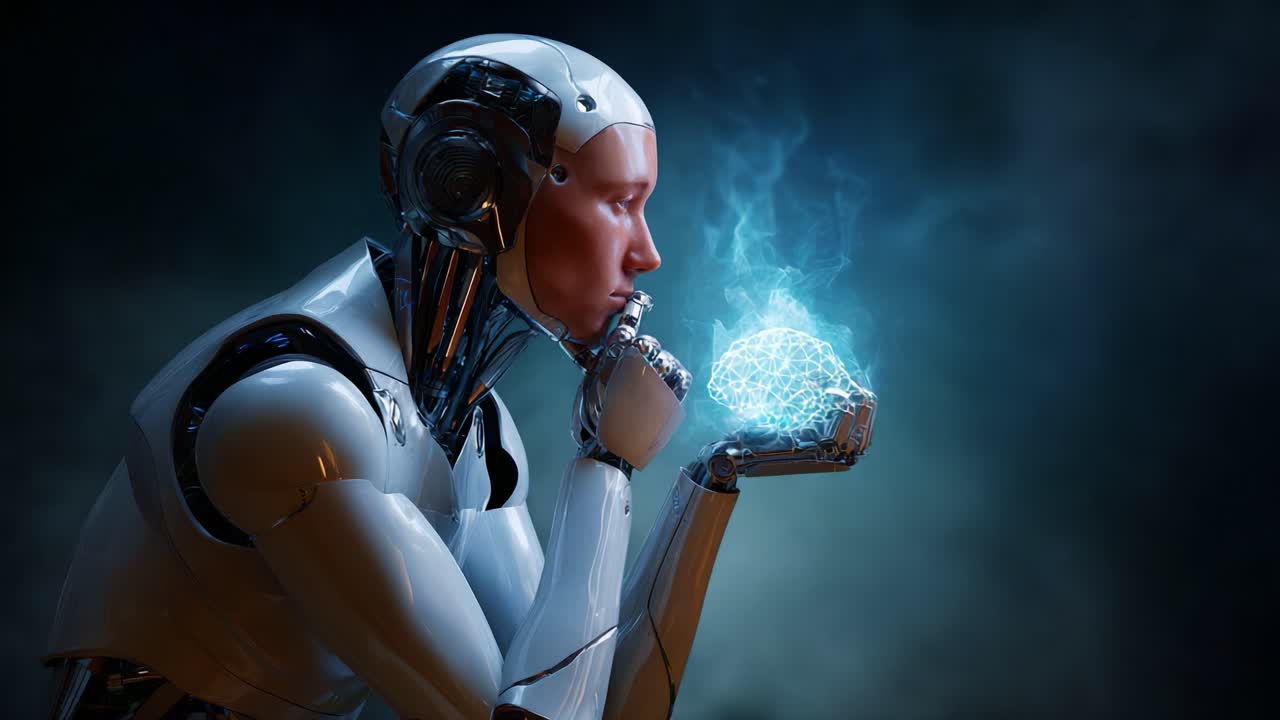 A futuristic robot thoughtfully contemplates the nature of intelligence and creativity, holding a glowing orb that represents knowledge and innovation in a dramatic setting