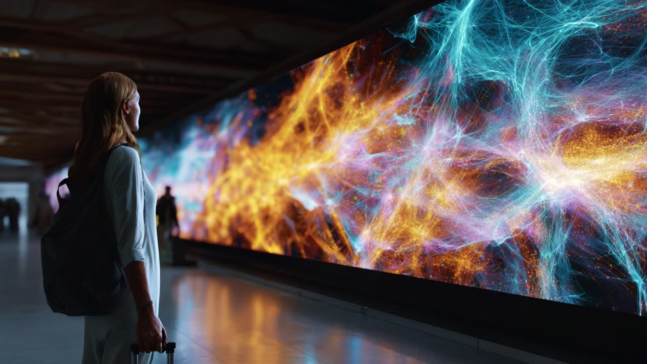 A Woman Gazes in Awe at a Mesmerizing Digital Display of Colorful Light Patterns, Creating a Fusion of Art and Technology in a Modern Travel Setting