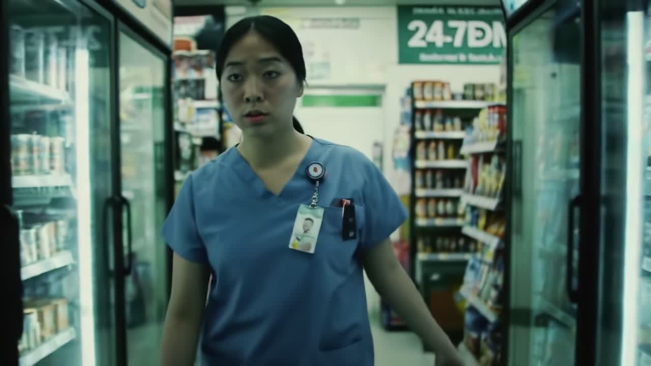 A Determined Healthcare Worker Navigates Through a Supermarket's Aisles, Balancing Their Professional Duties with Daily Life Challenges in a Fast-Paced Environment