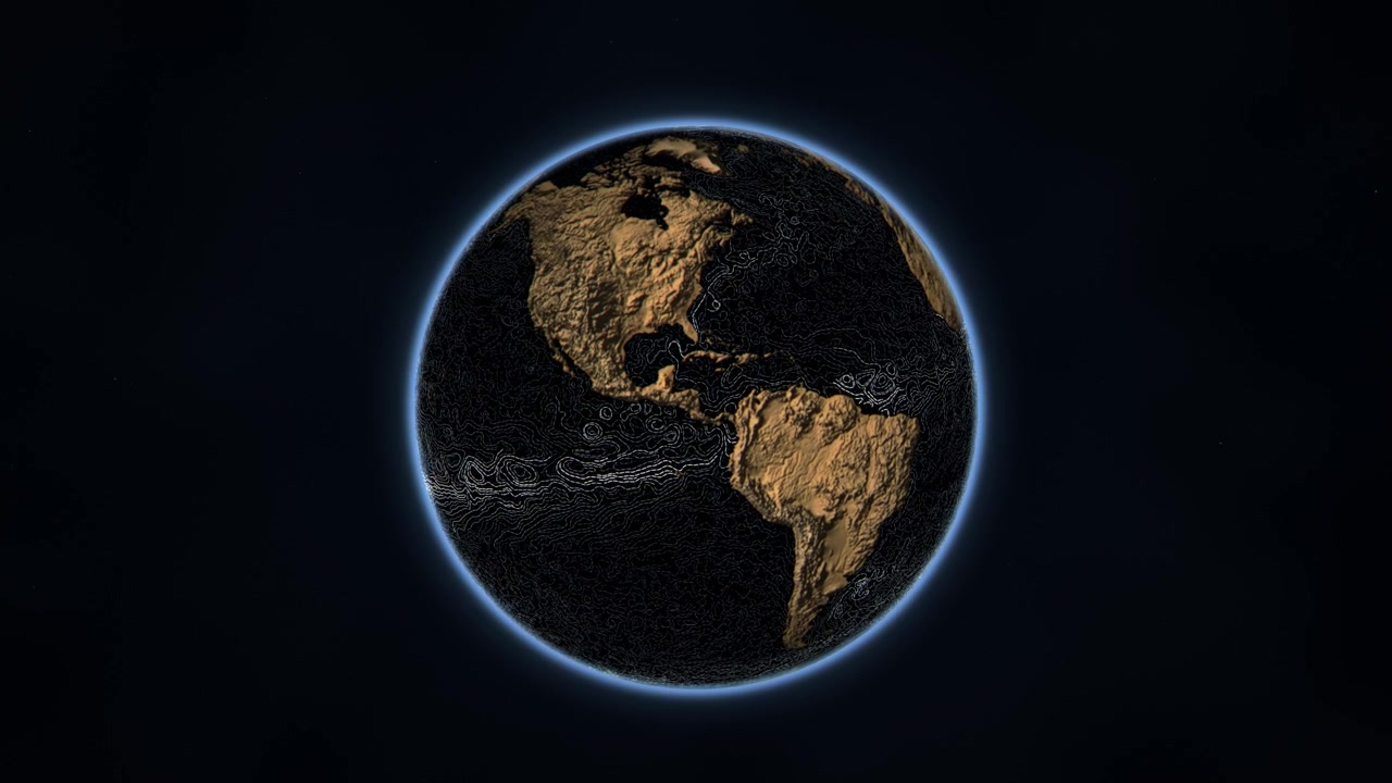 Stiliseret jordklode, der visualiserer globale havstrømme, detaljeret 3D-terrænreliefplanet med brune teksturerede kontinenter.