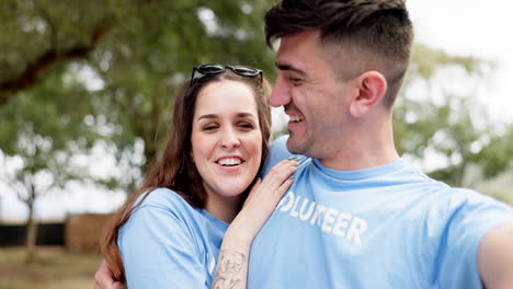 Happy-couple,-volunteer-and-laughing-for-selfie